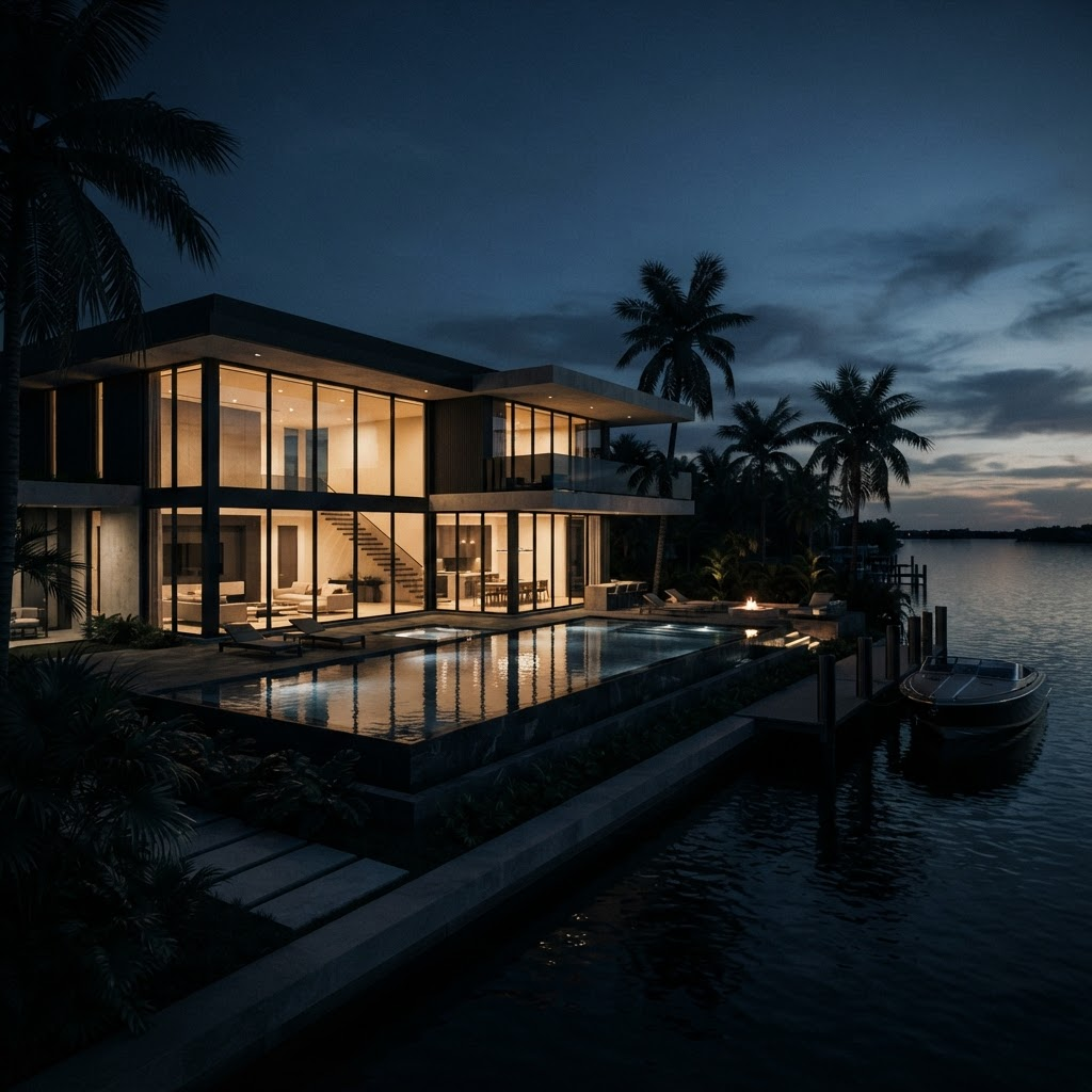 Luxury waterfront estate in Southwest Florida at dusk